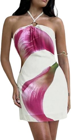 Makemechic Women's Floral Halter Dress Bress Bress Ringless Summer Summer Dresses in Kuwait