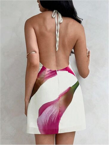 Makemechic Women's Floral Halter Dress Bress Bress Ringless Summer Summer Dresses in Kuwait