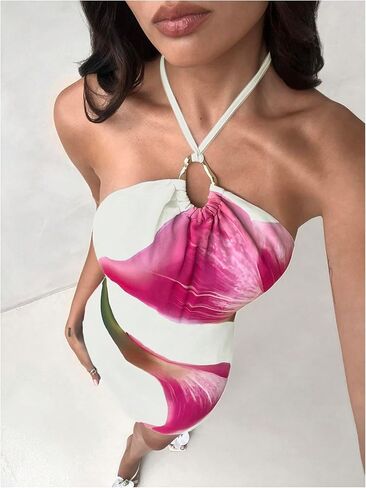 Makemechic Women's Floral Halter Dress Bress Bress Ringless Summer Summer Dresses in Kuwait