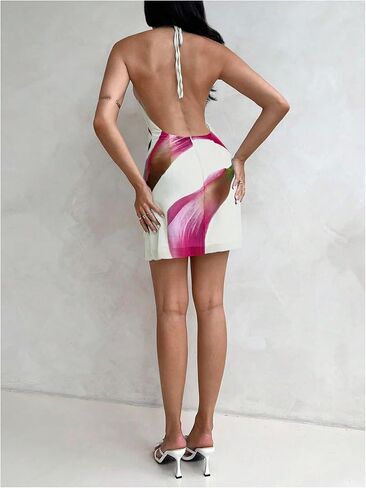 Makemechic Women's Floral Halter Dress Bress Bress Ringless Summer Summer Dresses in Kuwait