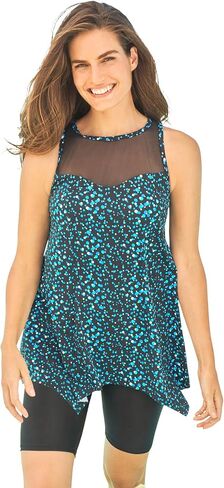 Swim 365 Women's Plus Size Mesh-Inset Longer Length Tankini Top in Kuwait