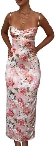 2024 Spring New Sexy Temperament Suspender Print Backless V-Neck Slit Dress Long Skirt (Color : Pink, Size : Small) in Saudi Arabia