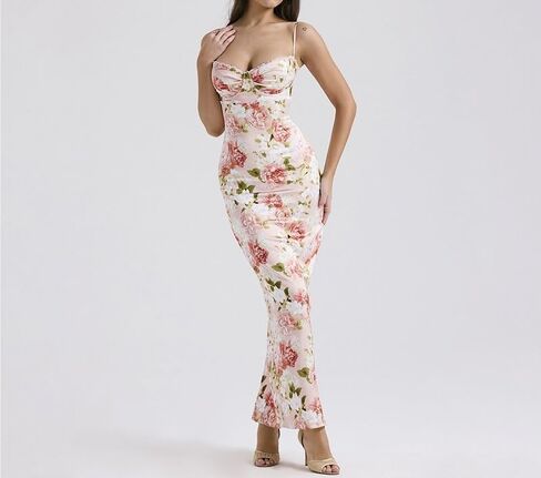 2024 Spring New Sexy Temperament Suspender Print Backless V-Neck Slit Dress Long Skirt (Color : Pink, Size : Small) in Saudi Arabia