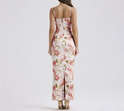 2024 Spring New Sexy Temperament Suspender Print Backless V-Neck Slit Dress Long Skirt (Color : Pink, Size : Small) in Saudi Arabia