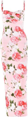 2024 Spring New Sexy Temperament Suspender Print Backless V-Neck Slit Dress Long Skirt (Color : Pink, Size : Small) in Saudi Arabia