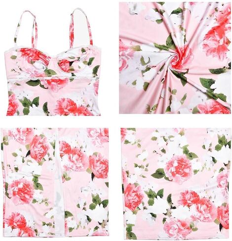 2024 Spring New Sexy Temperament Suspender Print Backless V-Neck Slit Dress Long Skirt (Color : Pink, Size : Small) in Saudi Arabia