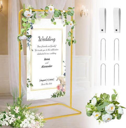 Wedding Welcome Sign Stand, Wedding Sign Holder with 2 Pair Hanging Strap, 4 Ground Staples and 1 Decorative Flower, 50"x 30"x 20" Heavy Duty Easel Stand for Sign Poster, Wedding Seating Chart Stand, Easel for Display (Gold) in Saudi Arabia