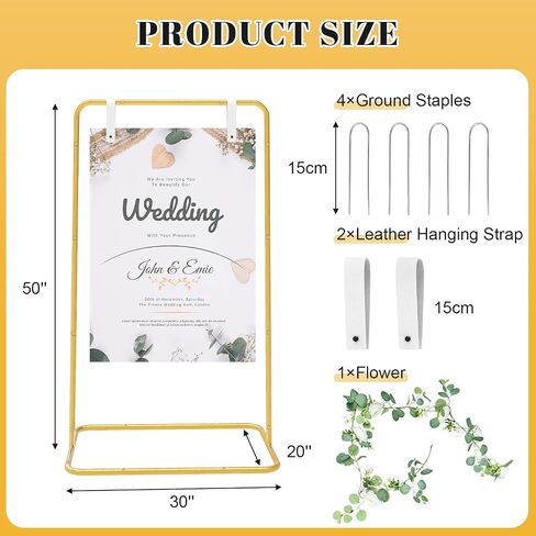 Wedding Welcome Sign Stand, Wedding Sign Holder with 2 Pair Hanging Strap, 4 Ground Staples and 1 Decorative Flower, 50"x 30"x 20" Heavy Duty Easel Stand for Sign Poster, Wedding Seating Chart Stand, Easel for Display (Gold) in Saudi Arabia