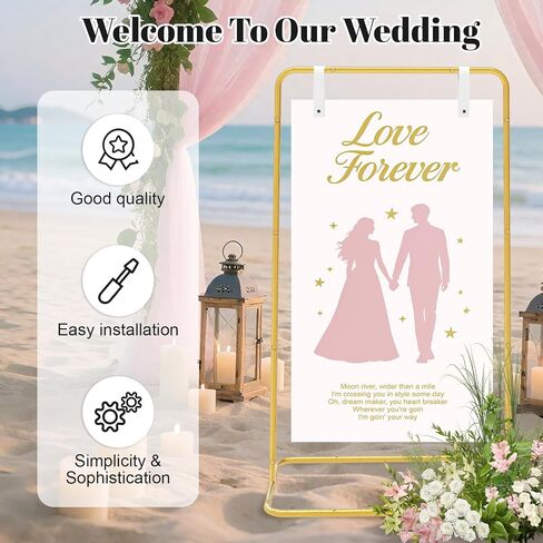 Wedding Welcome Sign Stand, Wedding Sign Holder with 2 Pair Hanging Strap, 4 Ground Staples and 1 Decorative Flower, 50"x 30"x 20" Heavy Duty Easel Stand for Sign Poster, Wedding Seating Chart Stand, Easel for Display (Gold) in Saudi Arabia