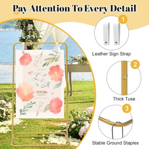 Wedding Welcome Sign Stand, Wedding Sign Holder with 2 Pair Hanging Strap, 4 Ground Staples and 1 Decorative Flower, 50"x 30"x 20" Heavy Duty Easel Stand for Sign Poster, Wedding Seating Chart Stand, Easel for Display (Gold) in Saudi Arabia