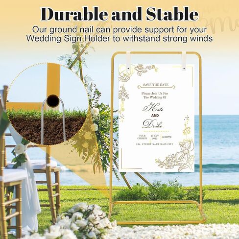 Wedding Welcome Sign Stand, Wedding Sign Holder with 2 Pair Hanging Strap, 4 Ground Staples and 1 Decorative Flower, 50"x 30"x 20" Heavy Duty Easel Stand for Sign Poster, Wedding Seating Chart Stand, Easel for Display (Gold) in Saudi Arabia