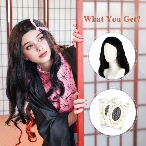 لطيف هالوين طويل أسود أنيمي Cosplay شعر مستعار ، 2 قبعات الشعر + شعر مستعار ، أسود طويل الشعر الاصطناعية مستقيمة مع الانفجارات لحفلات عيد الميلاد وأحداث تأثيري للنساء والفتيات في سن المراهقة in Kuwait