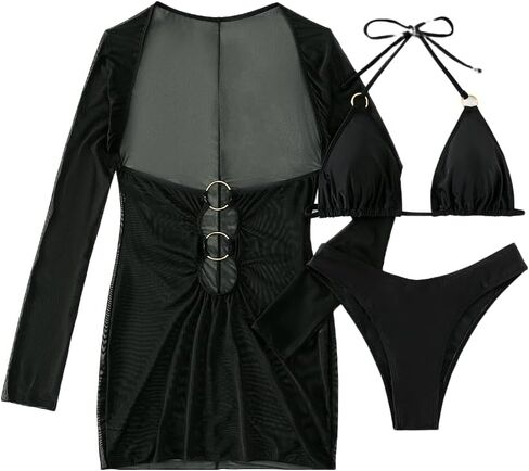 SHENHE Women's Summer 3 Piece Swimsuits Bikini Set Halter Triangle Bathing Suit with Beach Cover Up Dress Dark Green M in Saudi Arabia