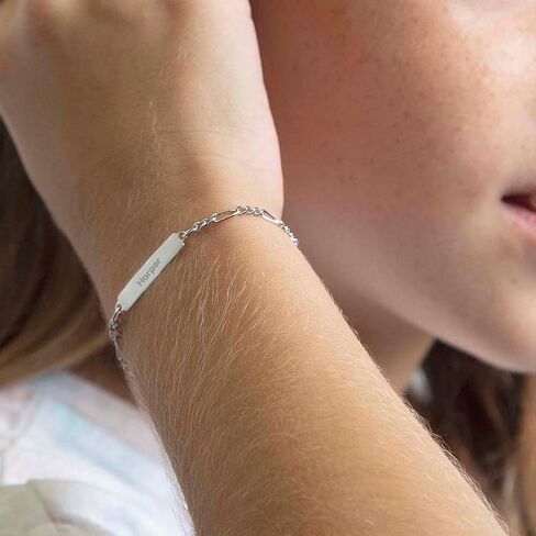 925 Sterling Silver Classic Figaro Chain Idage Bracelet for Girls & Boys - Personization Name Plate Bracelet للمراهقين والمراهقين - أساور سحر معرف بسيطة للملحقات اليومية in Saudi Arabia