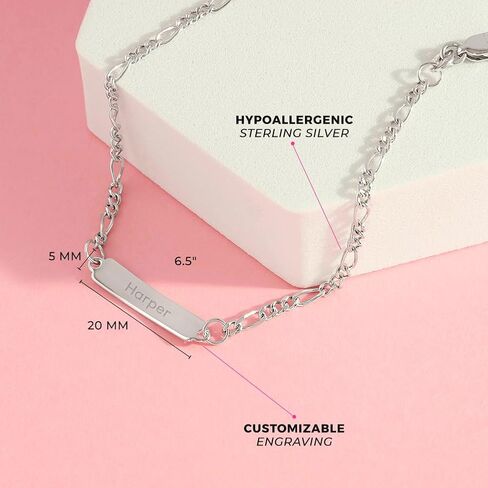 925 Sterling Silver Classic Figaro Chain Idage Bracelet for Girls & Boys - Personization Name Plate Bracelet للمراهقين والمراهقين - أساور سحر معرف بسيطة للملحقات اليومية in Saudi Arabia
