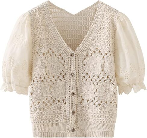 Women's Knitted Short Sleeve Cutout Puff Sleeve V-Neck Cardigan Summer Korean Style Casual Shirt Top White S in Saudi Arabia