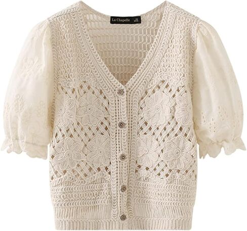 Women's Knitted Short Sleeve Cutout Puff Sleeve V-Neck Cardigan Summer Korean Style Casual Shirt Top White S in Saudi Arabia