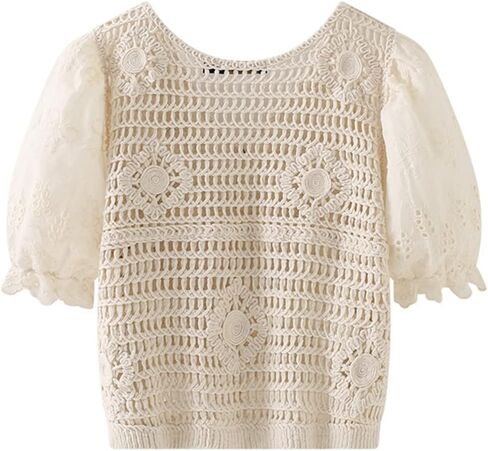 Women's Knitted Short Sleeve Cutout Puff Sleeve V-Neck Cardigan Summer Korean Style Casual Shirt Top White S in Saudi Arabia