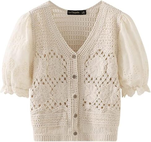 Women's Knitted Short Sleeve Cutout Puff Sleeve V-Neck Cardigan Summer Korean Style Casual Shirt Top White S in Saudi Arabia