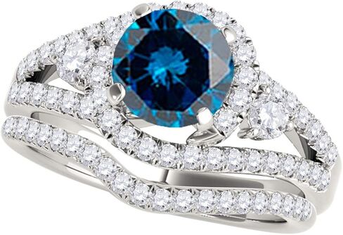 Maulijewels 1.95 قيراط دائرية مقطوعة هالو هالة الأزرق الأزرق من حلقة الزفاف وفرقة مجموعة للنساء | 14 كيلو بايت ردة بيضاء الصلبة الذهب الأصفر in Kuwait
