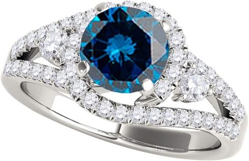 Maulijewels 1.95 قيراط دائرية مقطوعة هالو هالة الأزرق الأزرق من حلقة الزفاف وفرقة مجموعة للنساء | 14 كيلو بايت ردة بيضاء الصلبة الذهب الأصفر in Kuwait