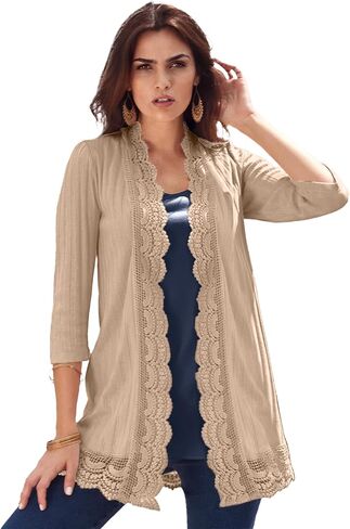 Roaman's Women's Plus Size Crochet Trim Pointelle Cardigan in Saudi Arabia