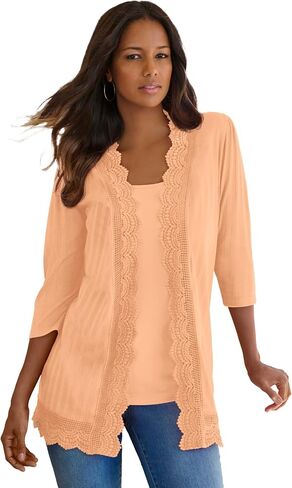 Roaman's Women's Plus Size Crochet Trim Pointelle Cardigan in Saudi Arabia