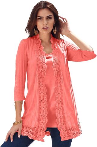 Roaman's Women's Plus Size Crochet Trim Pointelle Cardigan in Saudi Arabia