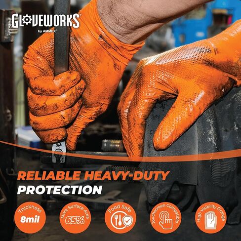 قفازات GLOVEWORKS HD برتقالية النتريل، قفازات نيتريل 8 مل للاستعمال مرة واحدة مع نسيج ماسي مرتفع، قفازات ميكانيكية يمكن التخلص منها in Kuwait