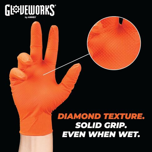 قفازات GLOVEWORKS HD برتقالية النتريل، قفازات نيتريل 8 مل للاستعمال مرة واحدة مع نسيج ماسي مرتفع، قفازات ميكانيكية يمكن التخلص منها in Kuwait