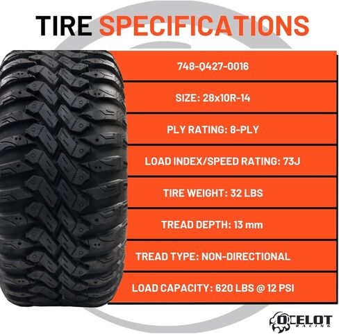 Ocelot Ohanzee ATV/UTV Tire 28x10R-14 High Performance All Terrain Style Riding, Durable 8-Ply Radial Construction and Non-Directional Tread Pattern with Thick lugs for Offroad Terrain and Conditions in Kuwait