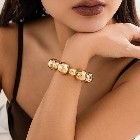 Chunky Gold Bead Bracelets,Big Round Ball Beaded Elastic Bracelet Vintage Punk Metal Stretch Bangles Adjustable Strand Bracelets Fashion Jewelry for Women in Saudi Arabia