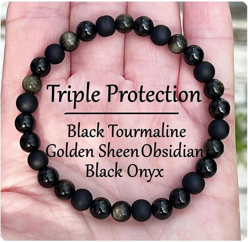 Natural Stone Triple Protection Beaded Bracelet for Men Women Adjustable Black Tourmaline, Black Onyx and Hematite Handmade Lucky Bracelet Feng Shui Jewelry Gift in Saudi Arabia