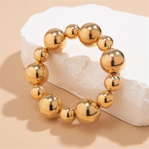 Chunky Gold Bead Bracelets,Big Round Ball Beaded Elastic Bracelet Vintage Punk Metal Stretch Bangles Adjustable Strand Bracelets Fashion Jewelry for Women in Saudi Arabia