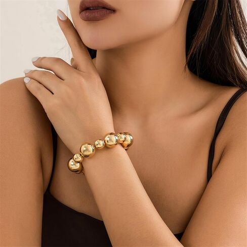 Chunky Gold Bead Bracelets,Big Round Ball Beaded Elastic Bracelet Vintage Punk Metal Stretch Bangles Adjustable Strand Bracelets Fashion Jewelry for Women in Saudi Arabia