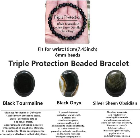 Natural Stone Triple Protection Beaded Bracelet for Men Women Adjustable Black Tourmaline, Black Onyx and Hematite Handmade Lucky Bracelet Feng Shui Jewelry Gift in Saudi Arabia