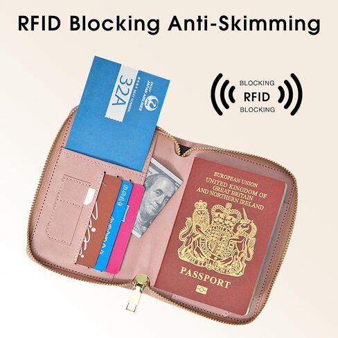 حامل محفظة جواز السفر للنساء ، حامل جواز سفر السفر الجلدي مع سستة ، حالة بطاقة حظر RFID (وردي) in Saudi Arabia