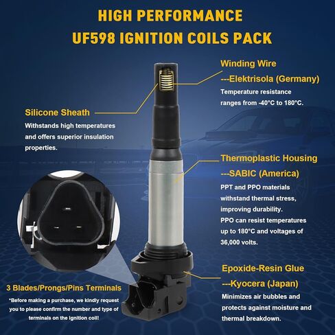 6 قطع UF487 حزمة ملف الإشعال و6619 شمعات إشعال إيريديوم متوافقة مع تويوتا هايلاندر أفالون كامري راف 4 سيينا فينزا/لكزس ES350 IS350 RX450h 3.5L V6 استبدال #90919-A2007 C1601، UF507 in Kuwait