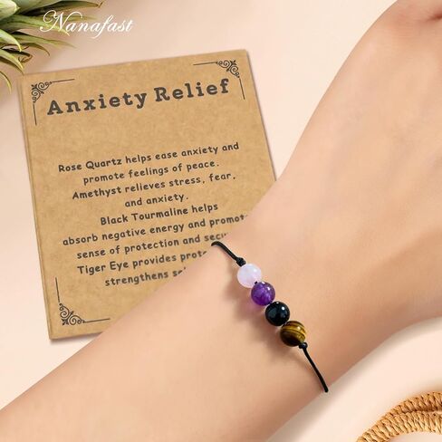 Nanafast Anxiety Relief Bracelet for Women Natural Healing Crystal Bracelets Adjustable Amethyst Beaded Bracelet Anxiety Relief Items with Message Card in Kuwait