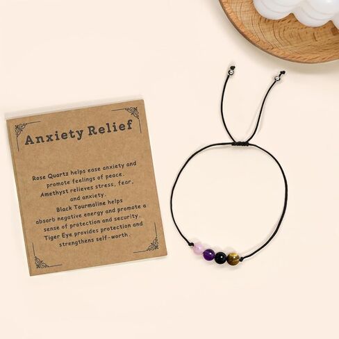 Nanafast Anxiety Relief Bracelet for Women Natural Healing Crystal Bracelets Adjustable Amethyst Beaded Bracelet Anxiety Relief Items with Message Card in Kuwait