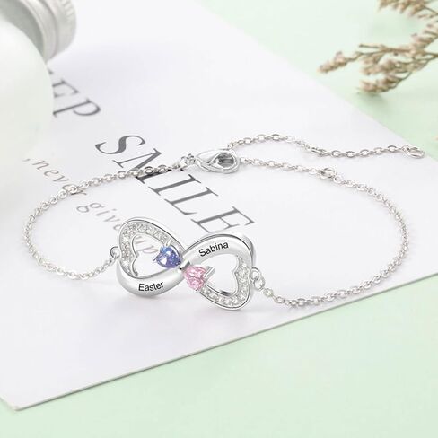 WSX Real Gold 10K/14K/18K Heart Infinity Birthstone Bracelet for Women Name Engraved Jewelry Idea Gift for Mother Nana Wife in Kuwait