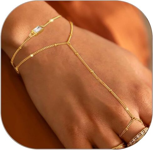 Birthstone Hand Chain Bracelet for Women Gold Dainty Finger Ring Bracelet Hand Chain Stackable Ring Link Chain Charm Bracelet Set Hand Jewelry Gifts Trendy in Kuwait