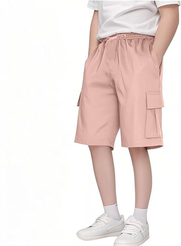 Boys Cargo Shorts School Uniform Active Athletic Basketball Gym Khaki Hiking Shorts with Pockets Quick Dry Cargo Pants in Saudi Arabia