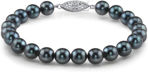 The Pearl Source 14K Gold 6-6.5mm AAA Quality Round Black Japanese Akoya Saltwater Cultured Pearl Bracelet for Women in Saudi Arabia