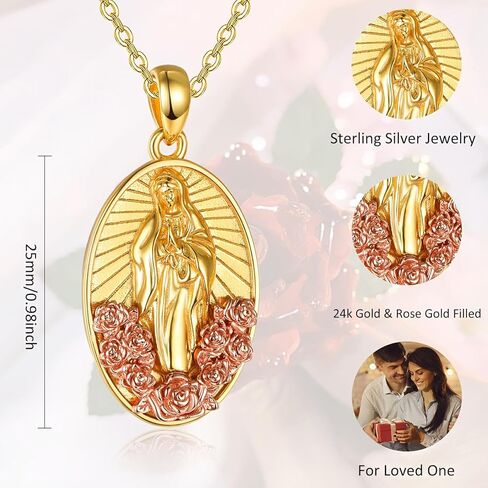 AENEAS Virgin Mary Necklace for Women Sterling Silver Gold Plated Virgen de Guadalupe Pendant Rose Jewelry Baptism Faith Religious Mother's Day Gifts in Kuwait