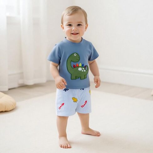 Boys Back To School Outfit Short Sleeve T-shirt and Plaid Shorts Summer Set | Toddler Baby Boy Back To School Outfit Apple Embroidery Short Sleeve T-shirt Elastic Shorts First of Day Kindergarten Clothes in Saudi Arabia