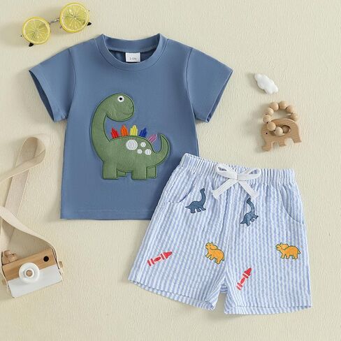 Boys Back To School Outfit Short Sleeve T-shirt and Plaid Shorts Summer Set | Toddler Baby Boy Back To School Outfit Apple Embroidery Short Sleeve T-shirt Elastic Shorts First of Day Kindergarten Clothes in Saudi Arabia
