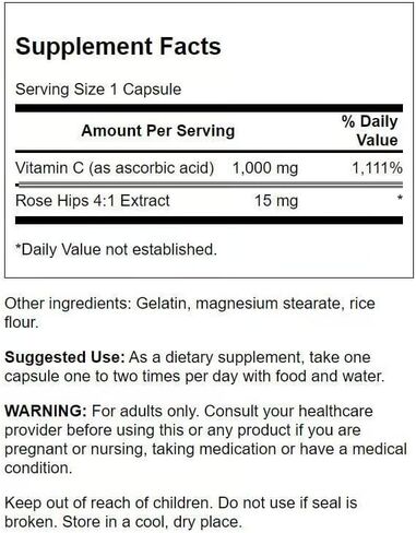 Swanson Vitamin C w/Rose HIPS - Herbal Supplement Promoting Skin Health, Heart Health & Immune System Support - Natural Formula Promoting Protection & Wellness - (90 Capsules, 1000mg Each) in Saudi Arabia