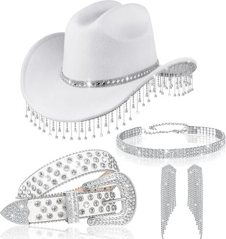 Hercicy 5 Pcs Glitter Cowgirl Hat Rhinestone Jewelry Set Western Sparkly Hat for Women Bride Bachelorette Party Costume in Saudi Arabia