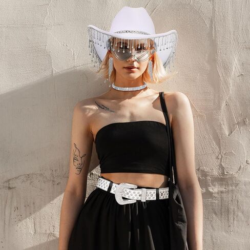 Hercicy 5 Pcs Glitter Cowgirl Hat Rhinestone Jewelry Set Western Sparkly Hat for Women Bride Bachelorette Party Costume in Saudi Arabia